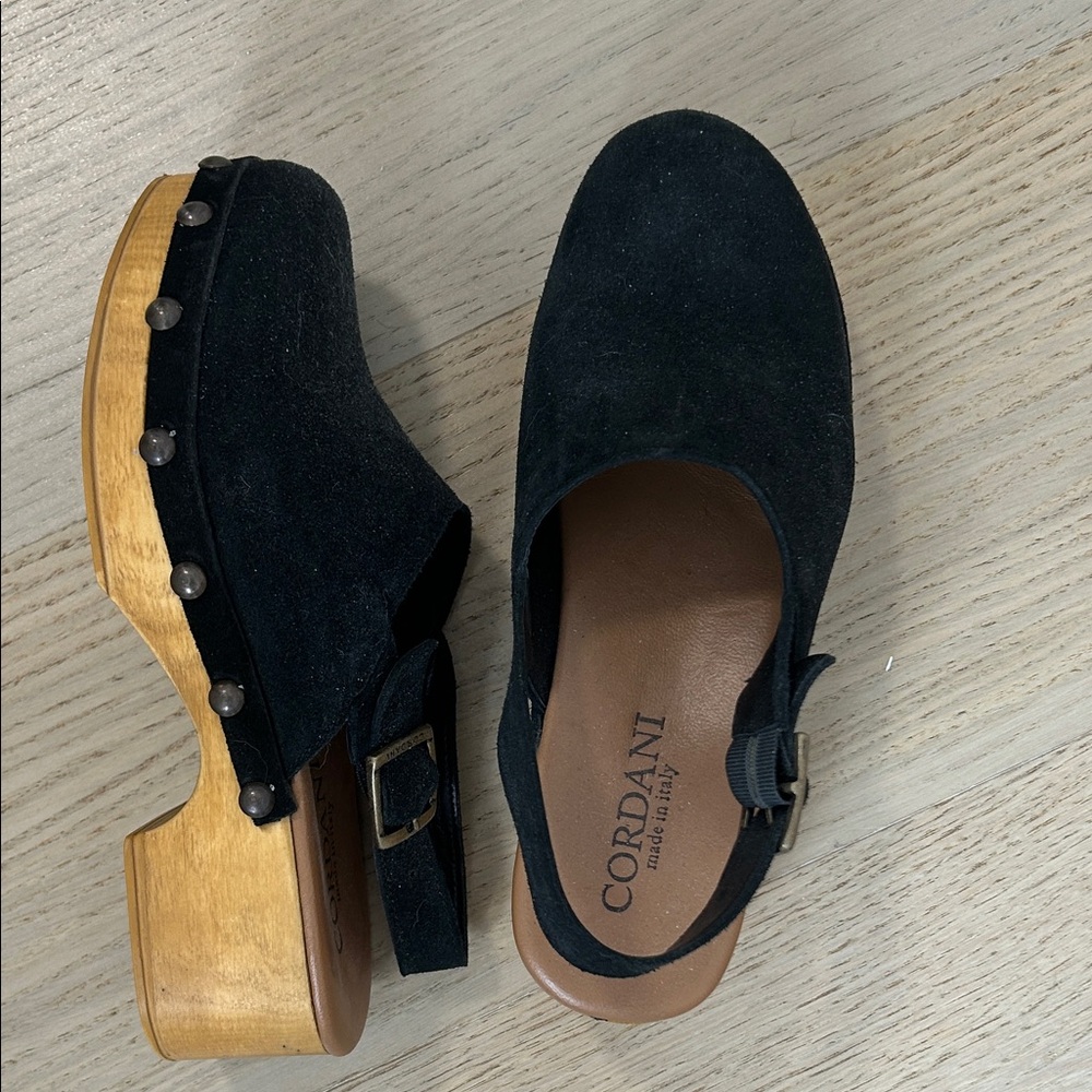 Cordani Black Suede Clogs with Wooden Heel